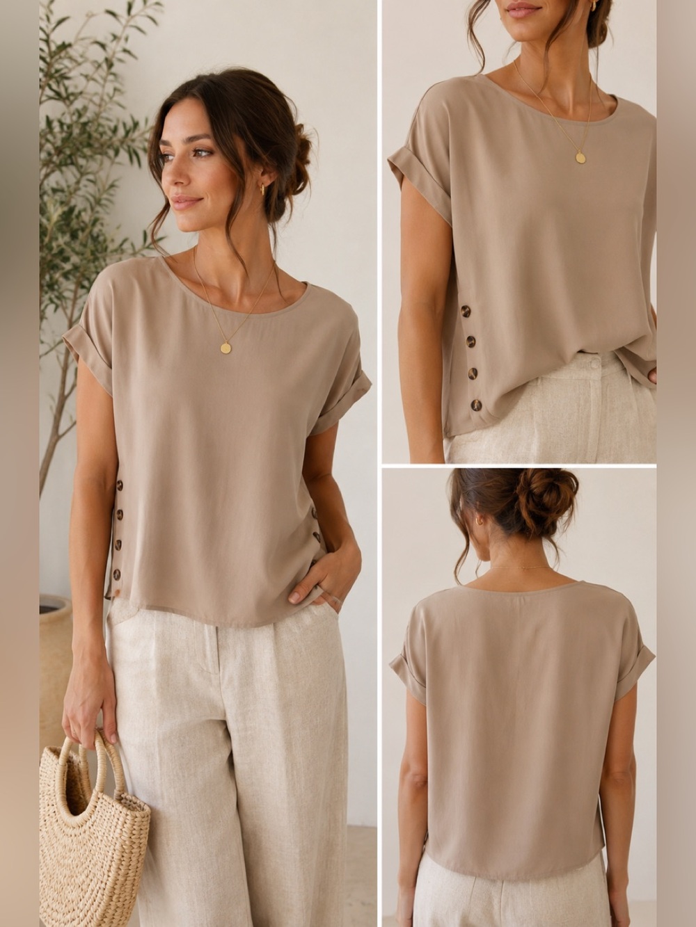 Taupe Minimalist Boxy Blouse | Cuffed Sleeve Neutral Viscose Top L Elings